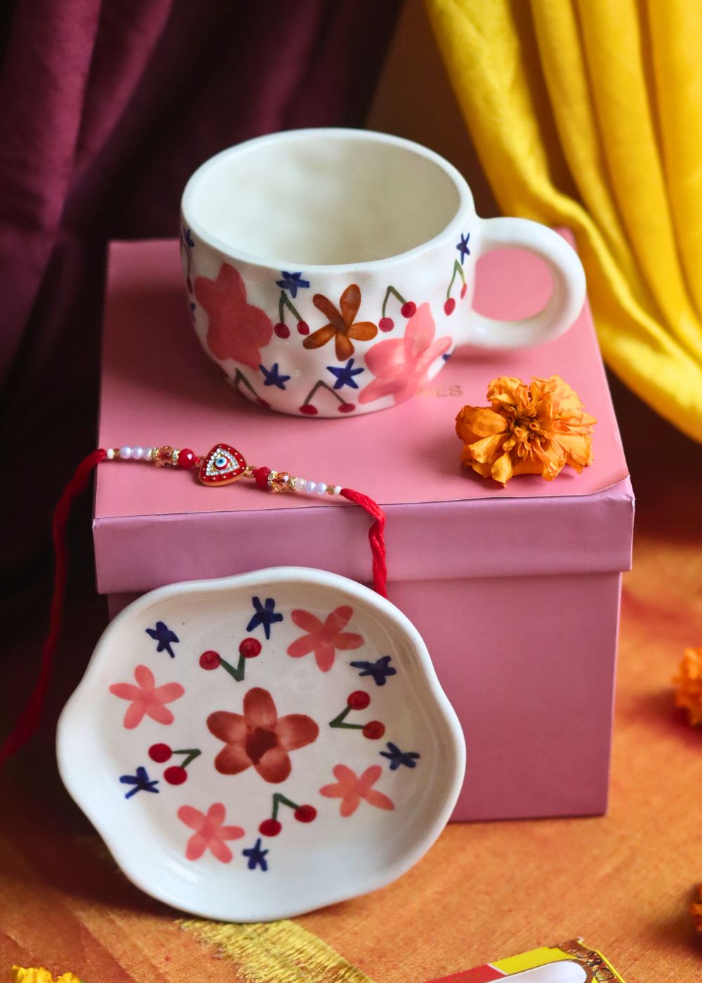 Handmade Bloom mug & Handmade Dessert plate Rakhi Gift box