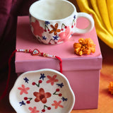 Handmade Bloom mug & Handmade Dessert plate Rakhi Gift box