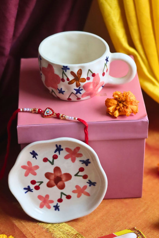 Handmade Bloom mug & Handmade Dessert plate Rakhi Gift box