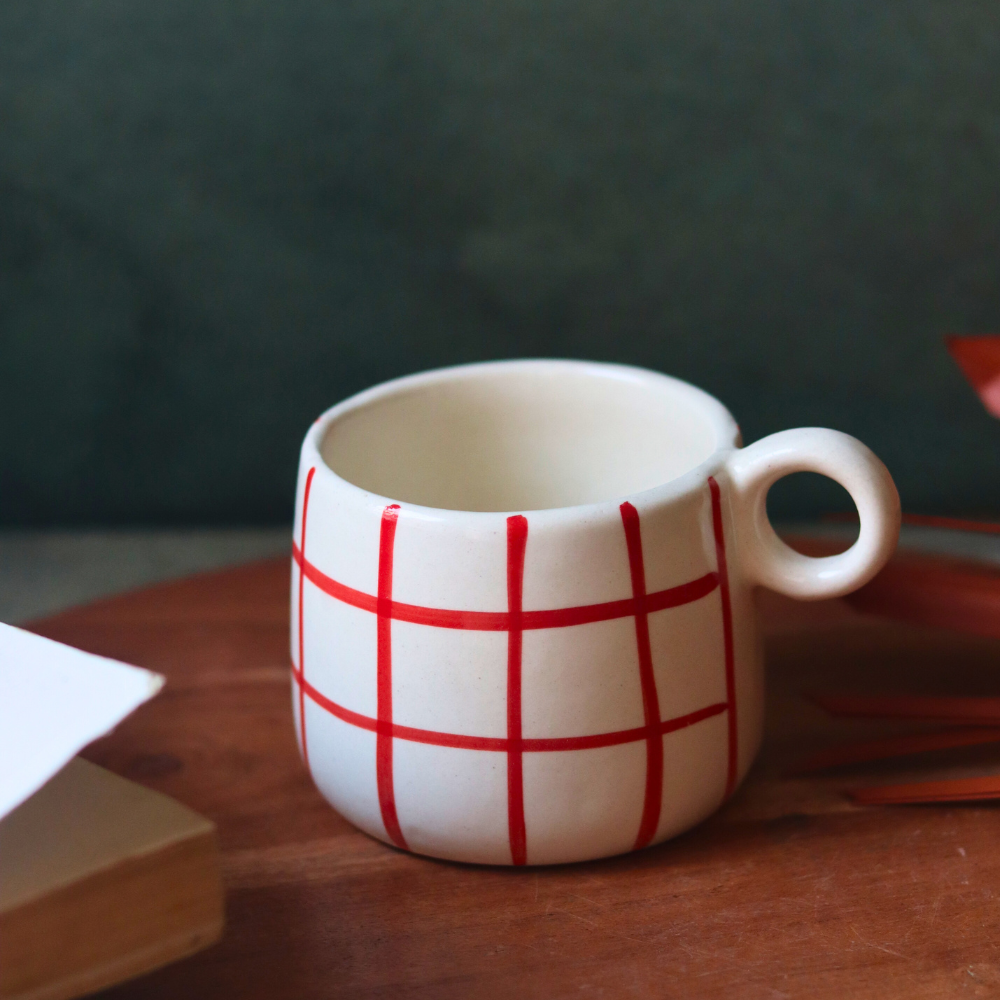 Handmade ceramic red chequered coffee mug
