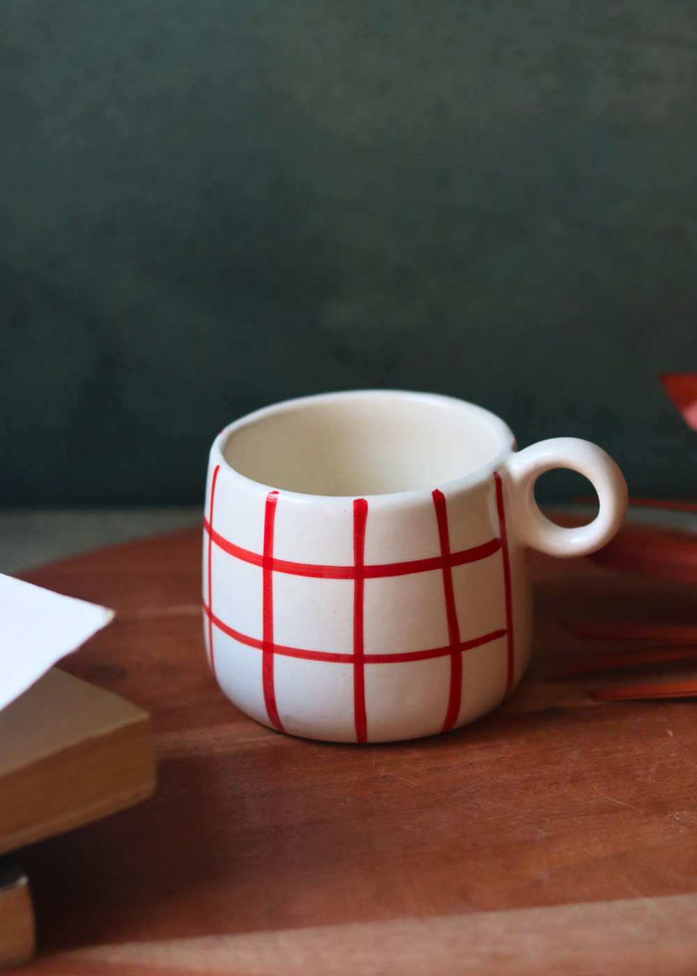 Handmade ceramic red chequered coffee mug