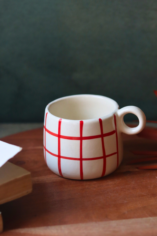Handmade ceramic red chequered coffee mug