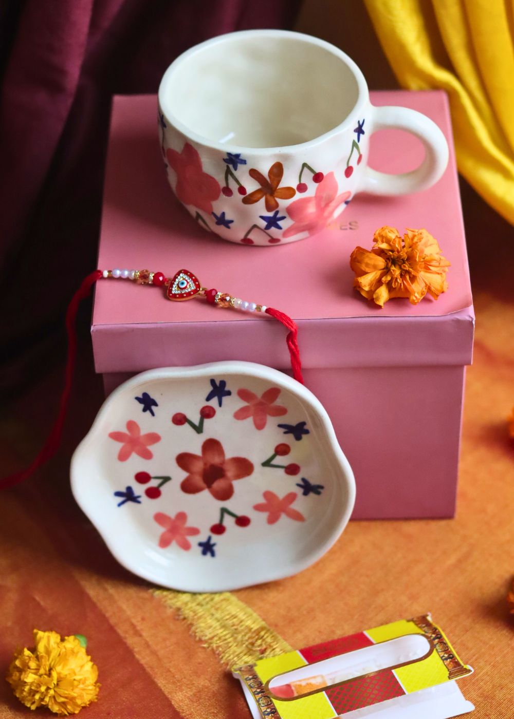 Bloom mug & Handmade Dessert plate Rakhi Gift box made by ceramic