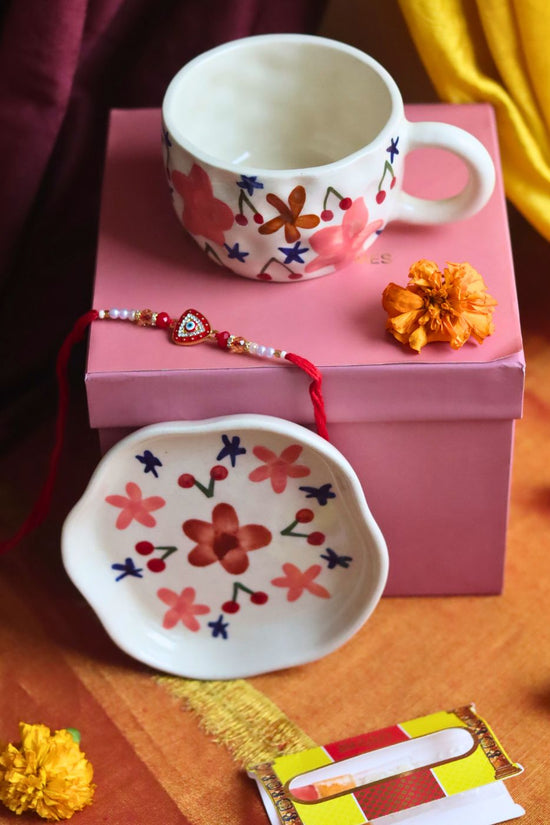 Bloom mug & Handmade Dessert plate Rakhi Gift box made by ceramic