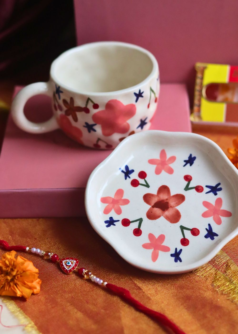 Bloom mug & Handmade Dessert plate Rakhi Gift box with premium quality material