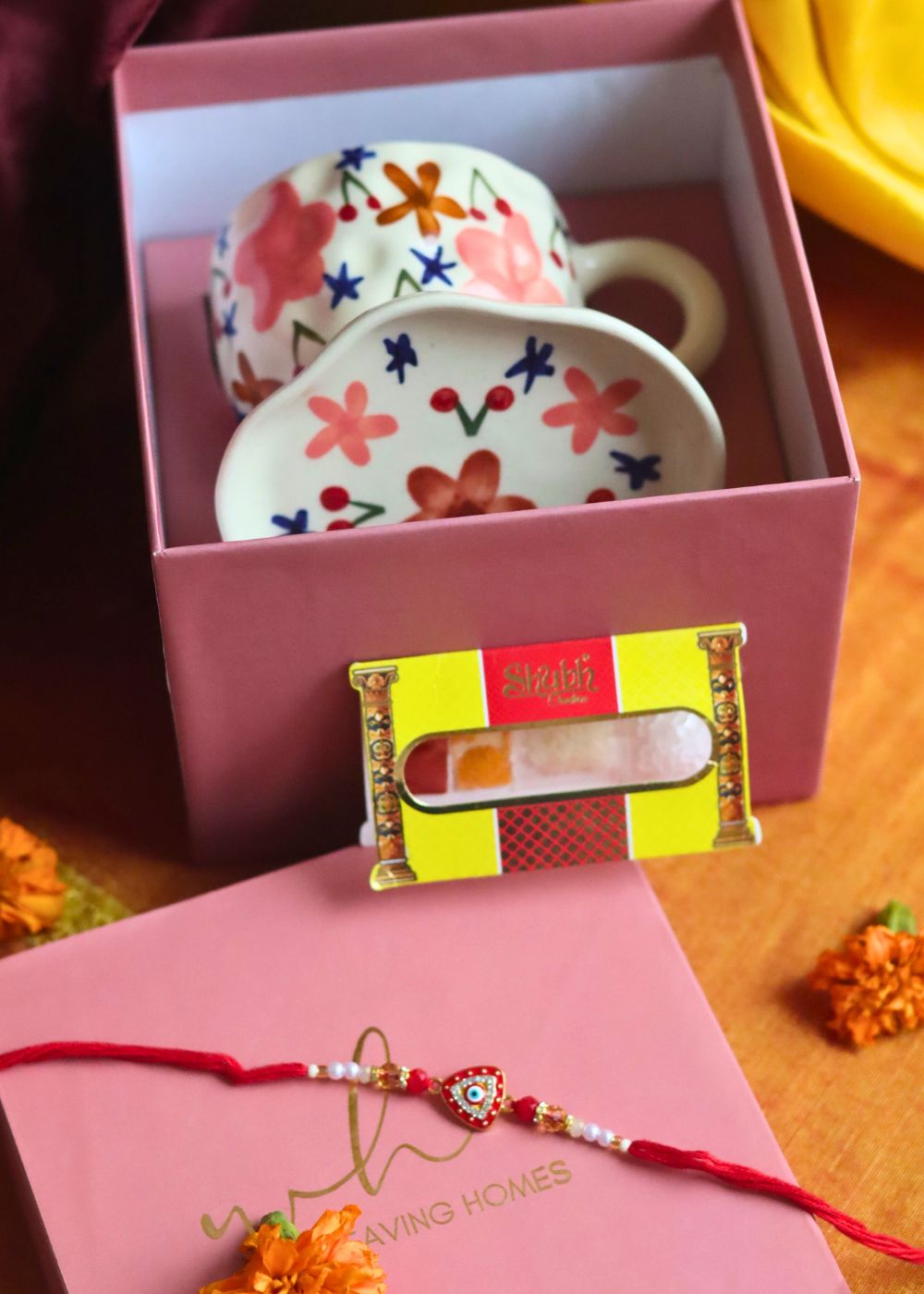 Bloom mug & Handmade Dessert plate Rakhi Gift box handmade in India