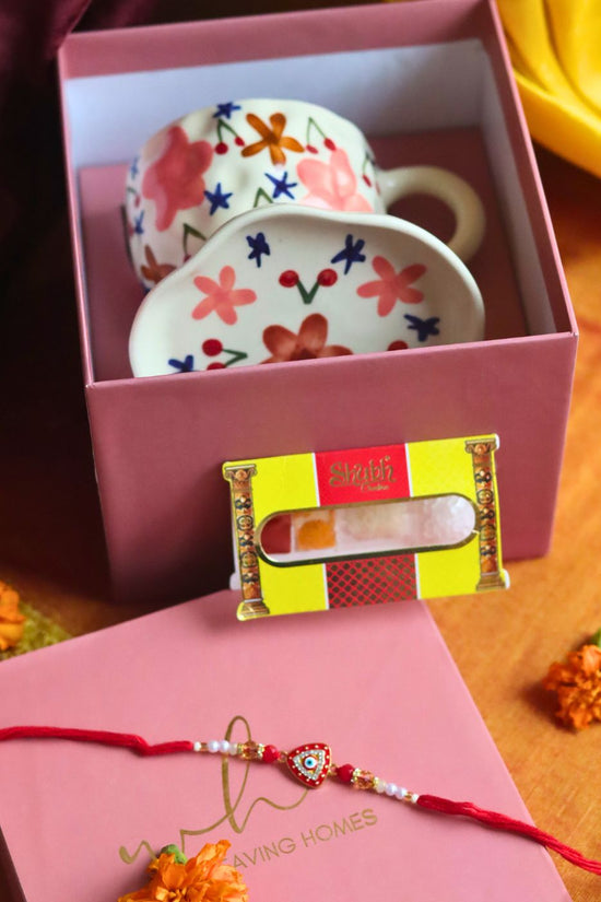Bloom mug & Handmade Dessert plate Rakhi Gift box handmade in India