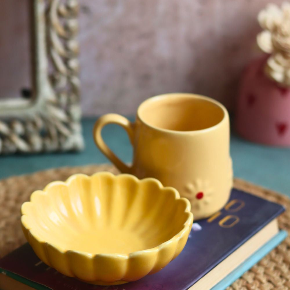 handmade Yellow Lily Mug & Ice Cream Bowl