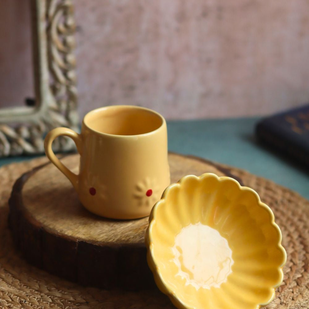 Yellow Lily Mug & Ice Cream Bowl made by ceramic