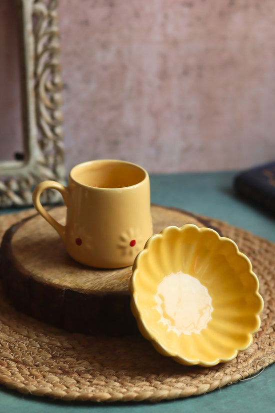 Yellow Lily Mug & Ice Cream Bowl made by ceramic
