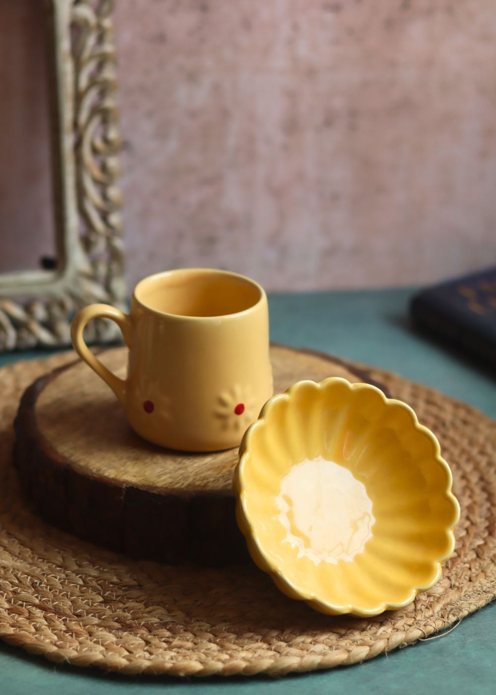 Yellow Lily Mug & Ice Cream Bowl made by ceramic