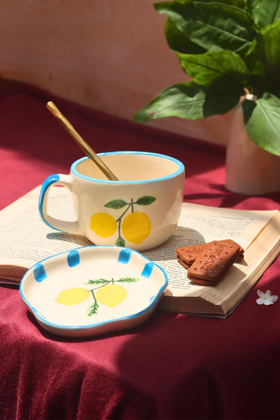 Set of 2 - Lemon Mug & Handmade Dessert Plate combo handmade in India