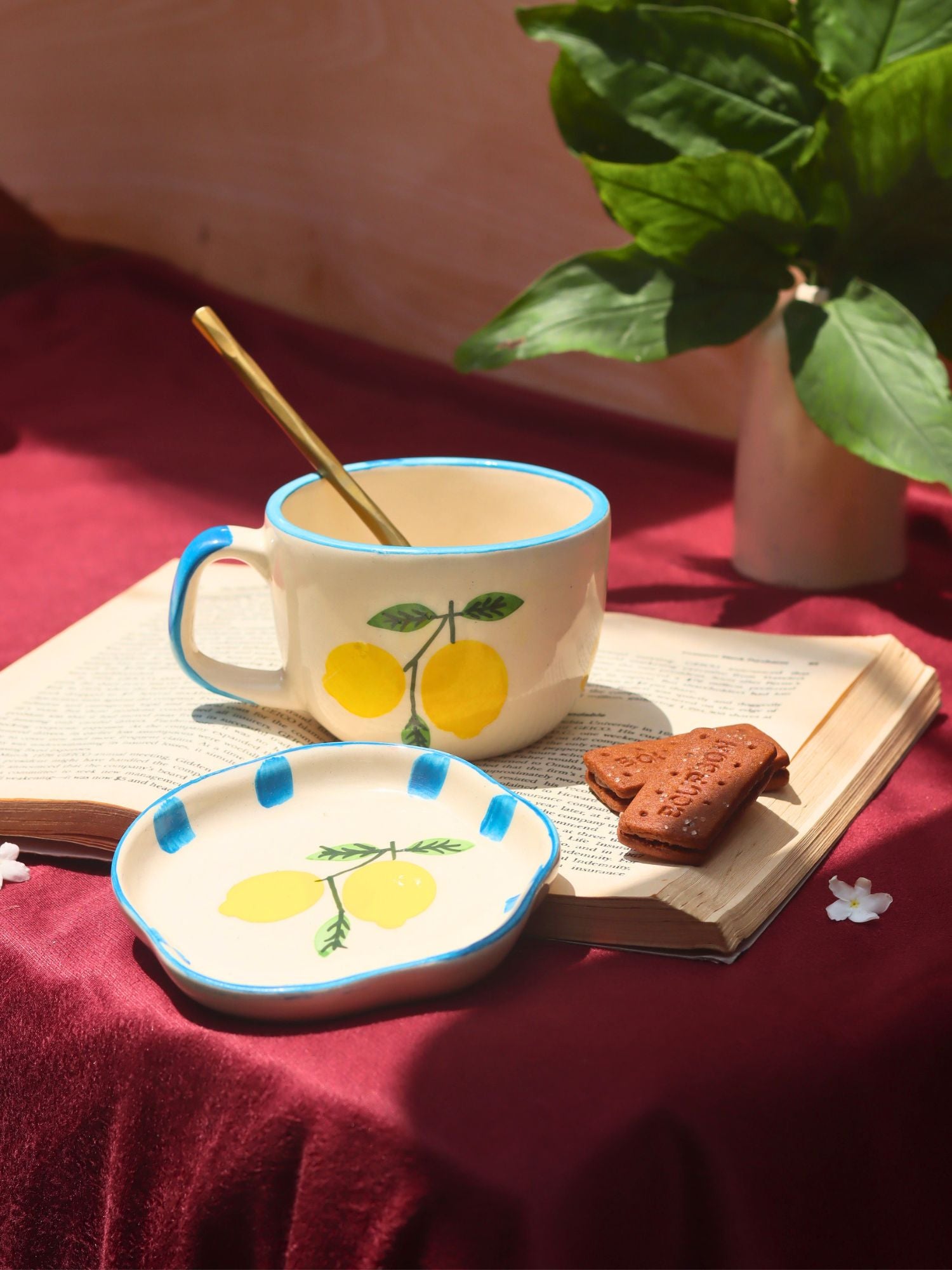 Set of 2 - Lemon Mug & Handmade Dessert Plate combo handmade in India