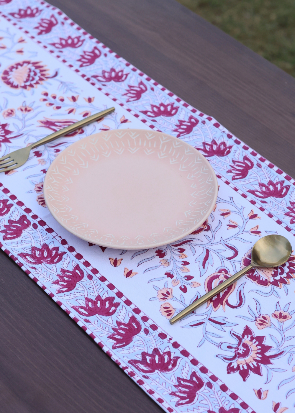 Floral patterned block printed table cloth
