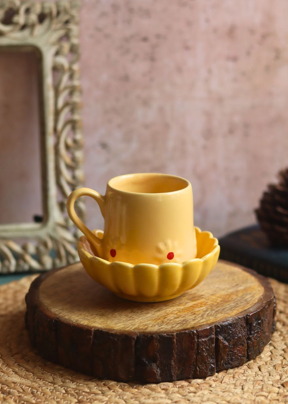 Yellow Lily Mug & Ice Cream Bowl handmade in india