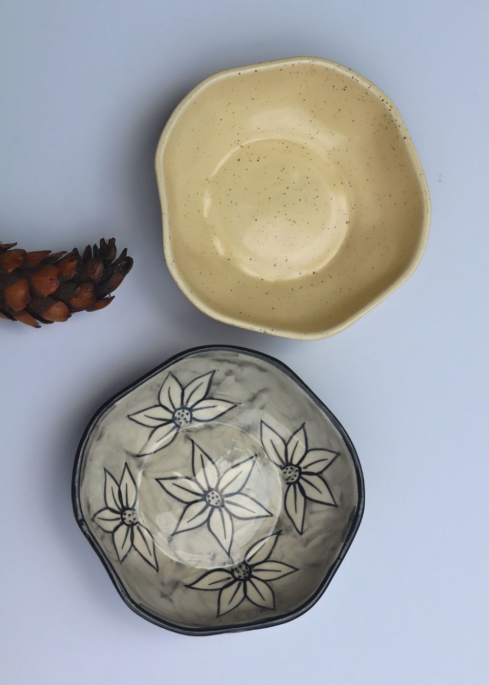 handmade Set of 2 - Basic Creamy & Grey Daisy Curry Bowl Combo