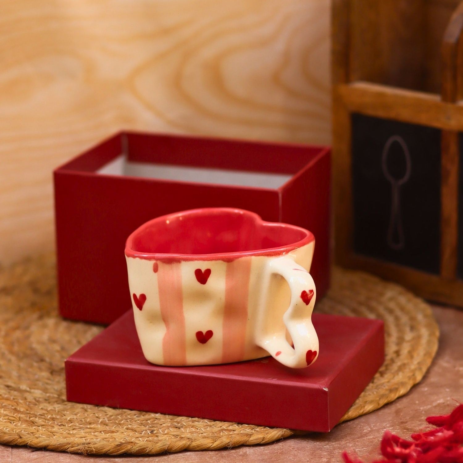 Handmade Striped Heart Shaped Mug in a Gift Box