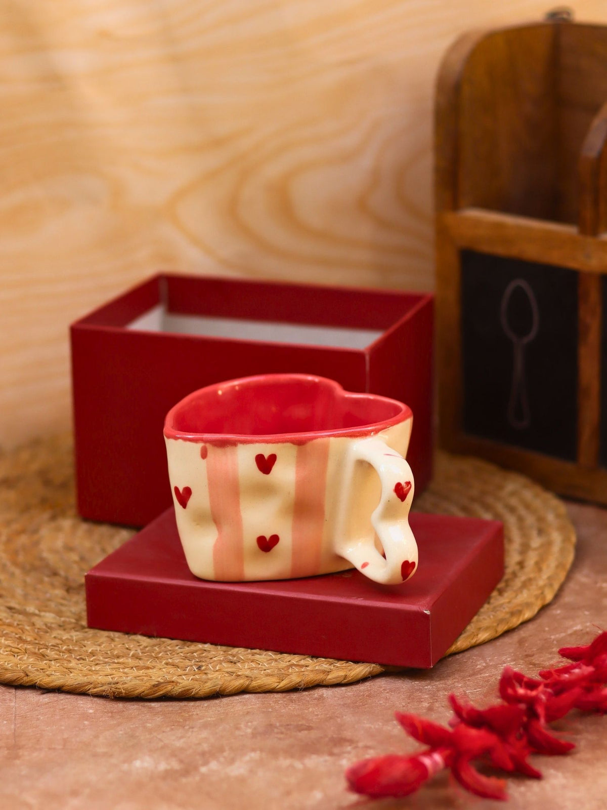 Handmade Striped Heart Shaped Mug in a Gift Box