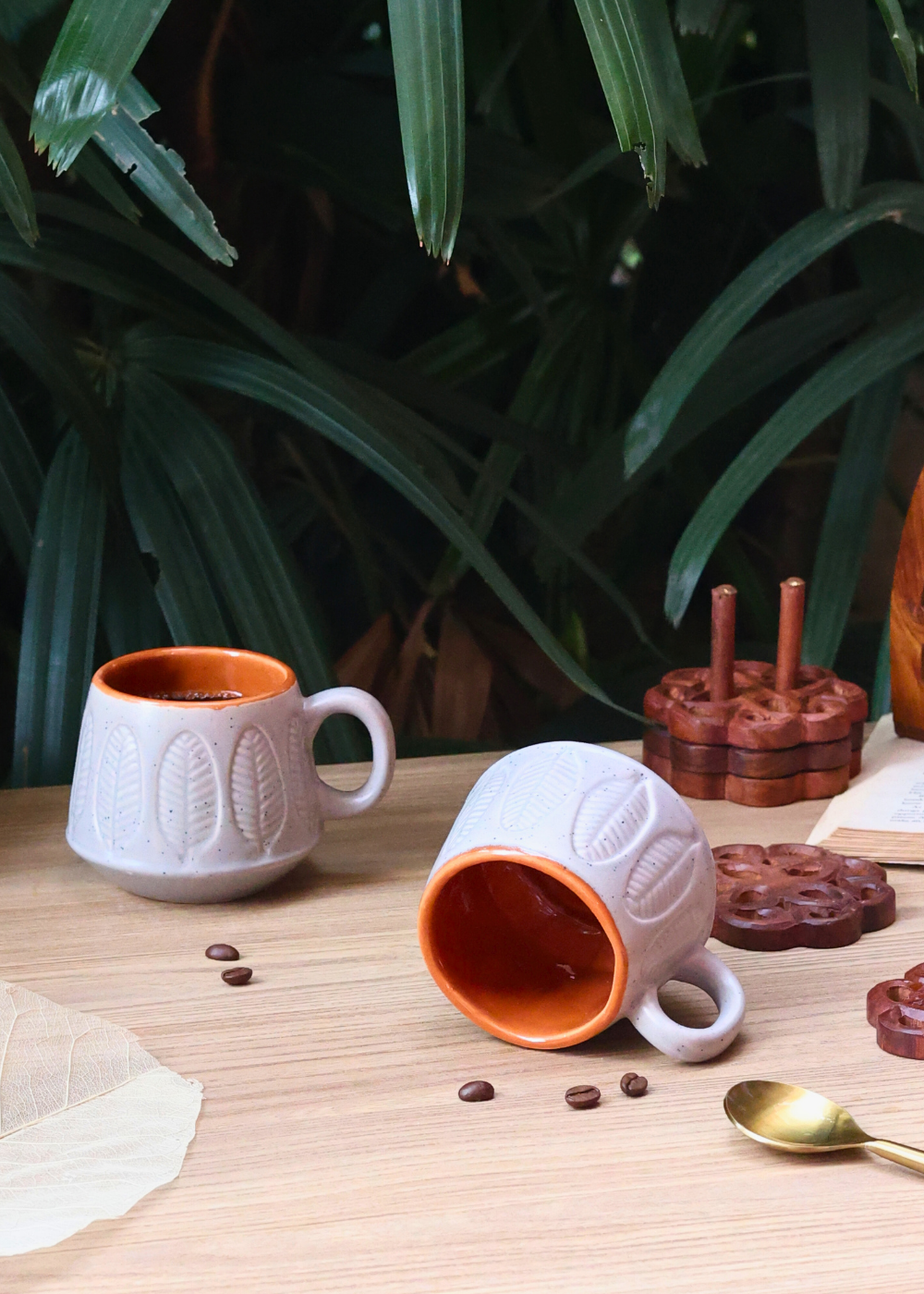 handmade grey serene leaf coffee mug made by ceramic 