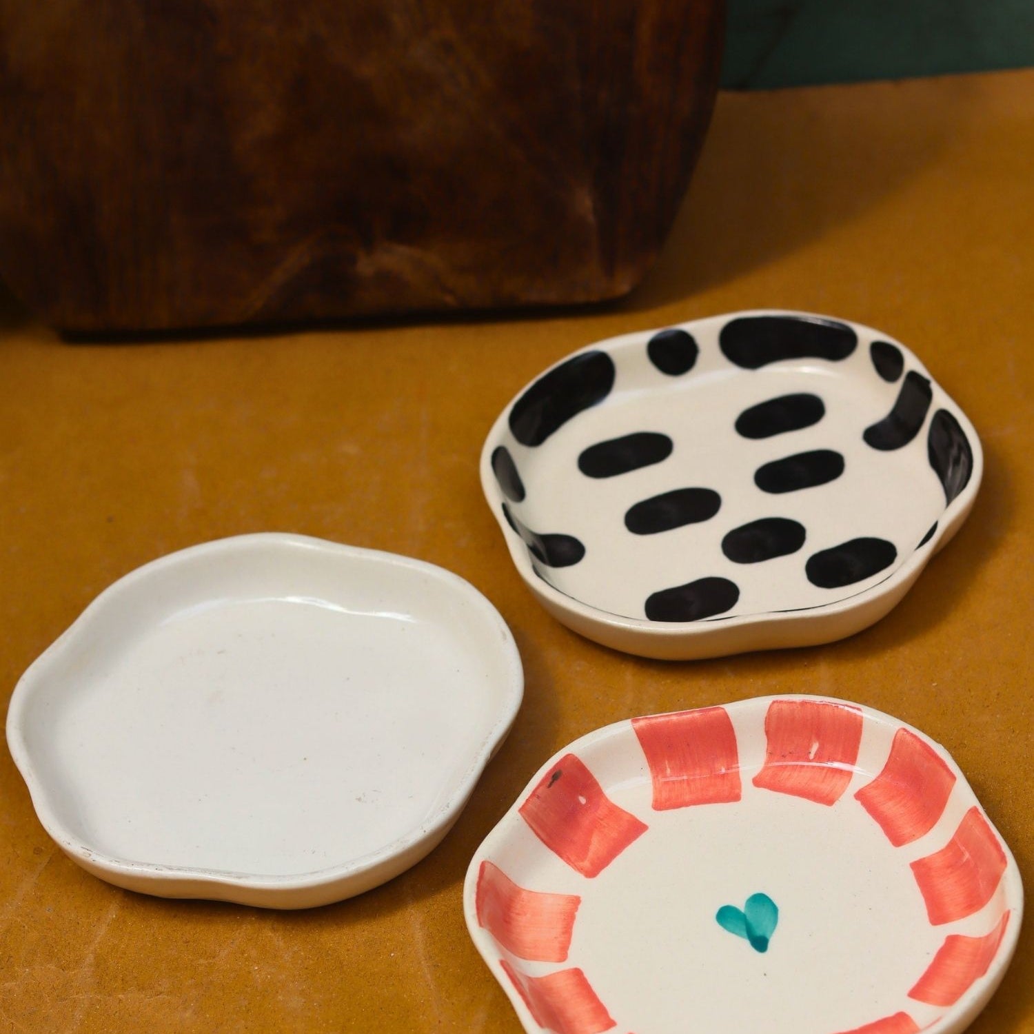 handmade Black blocks, White & Striped heart Handmade Dessert Plate - Set of 3