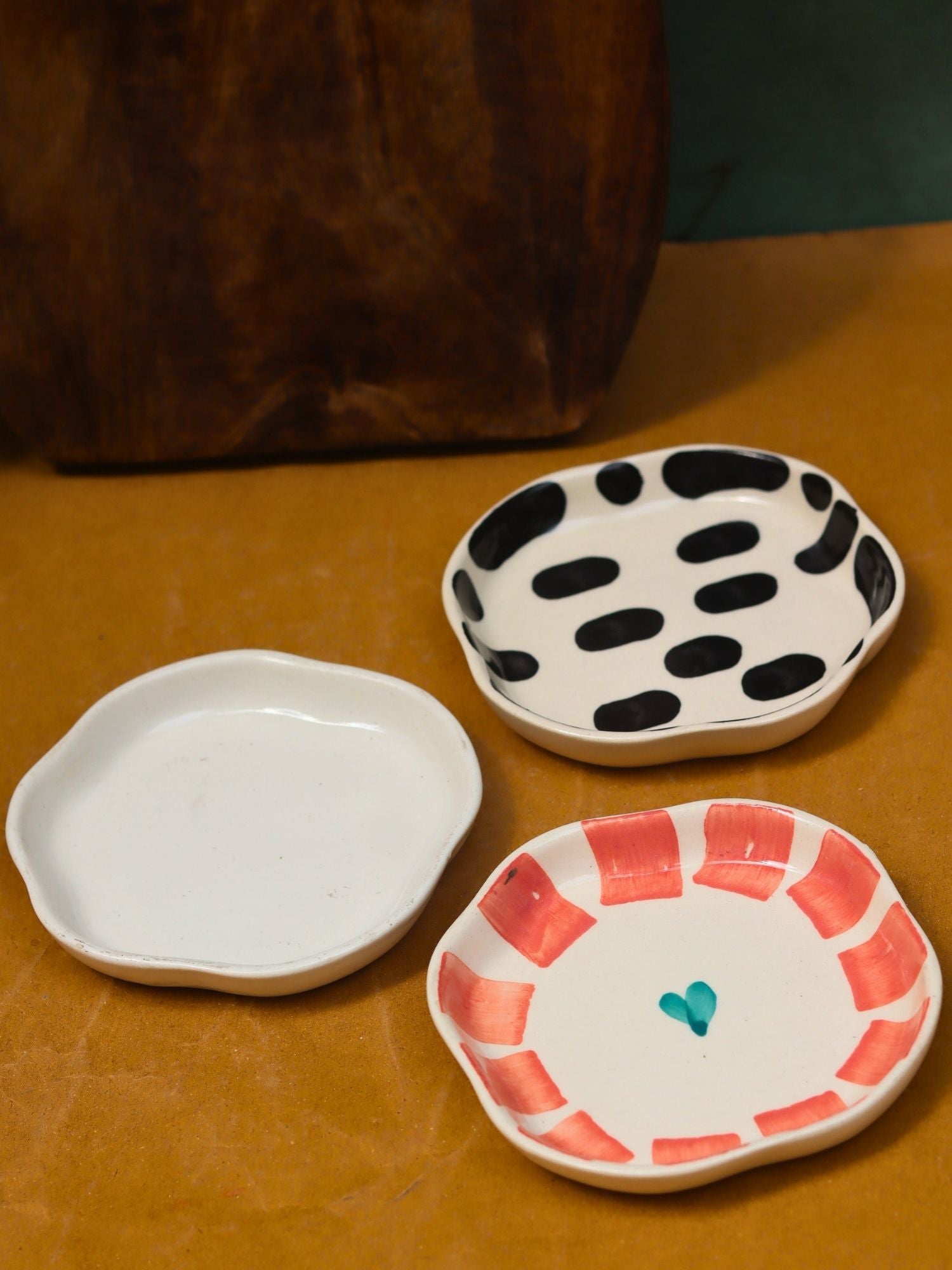 handmade Black blocks, White & Striped heart Handmade Dessert Plate - Set of 3