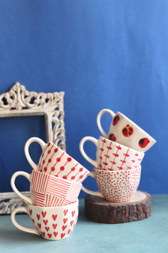 Set of 6 [Red&White] Handmade mugs (For the price of 5) Made by ceramic