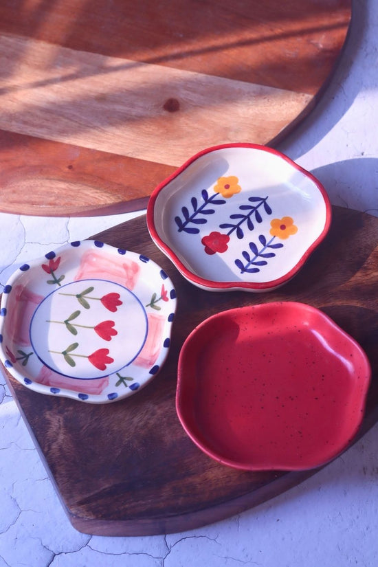 handmade Red, Peony & Floral Bloom Handmade Dessert Plates - Set of 3
