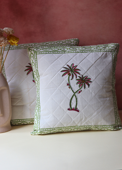 Green palm quilted cushion cover 