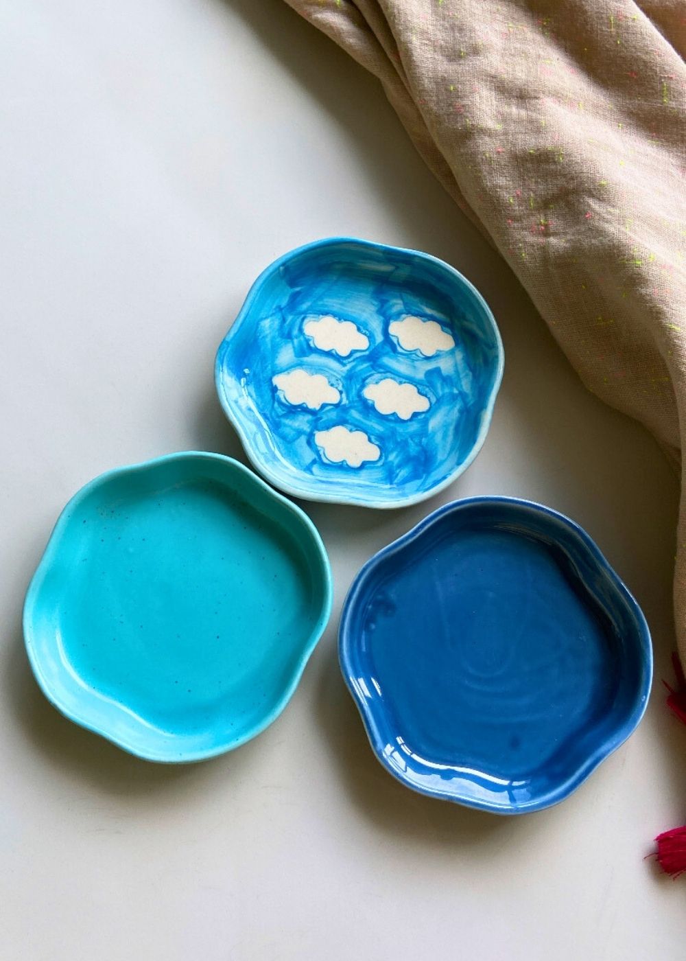 Set of 3 Blue Handmade Dessert plates made by ceramic