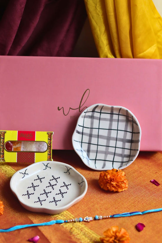 Crosses & Checks Handmade Dessert plate Rakhi Gift box only for this raksha bandhan
