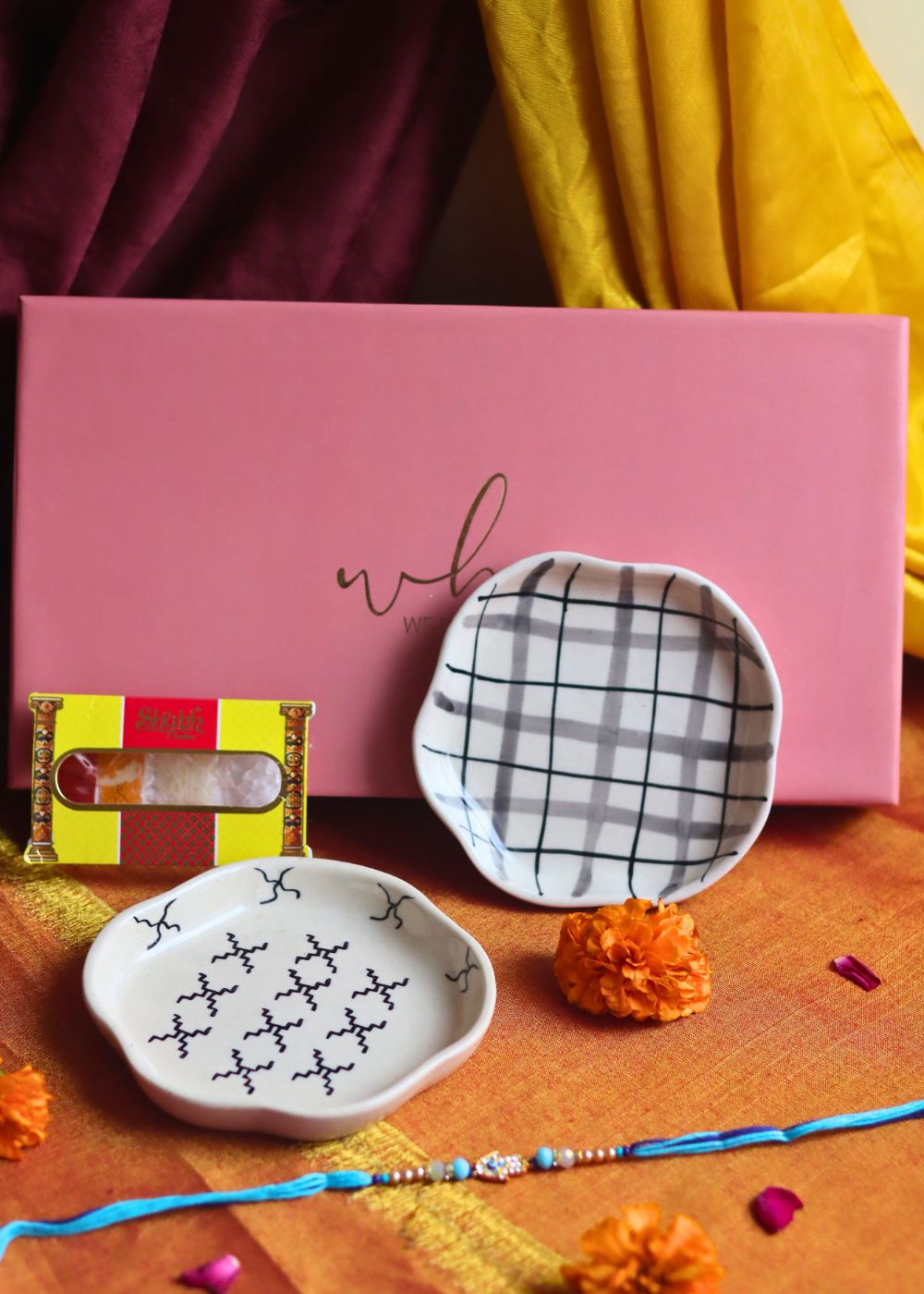 Crosses & Checks Handmade Dessert plate Rakhi Gift box only for this raksha bandhan