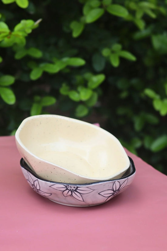 Set of 2 - Basic Creamy & Grey Daisy Curry Bowl Combo handmade in India