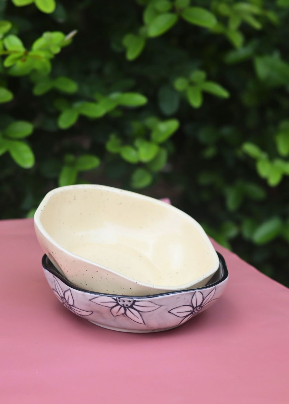 Set of 2 - Basic Creamy & Grey Daisy Curry Bowl Combo handmade in India