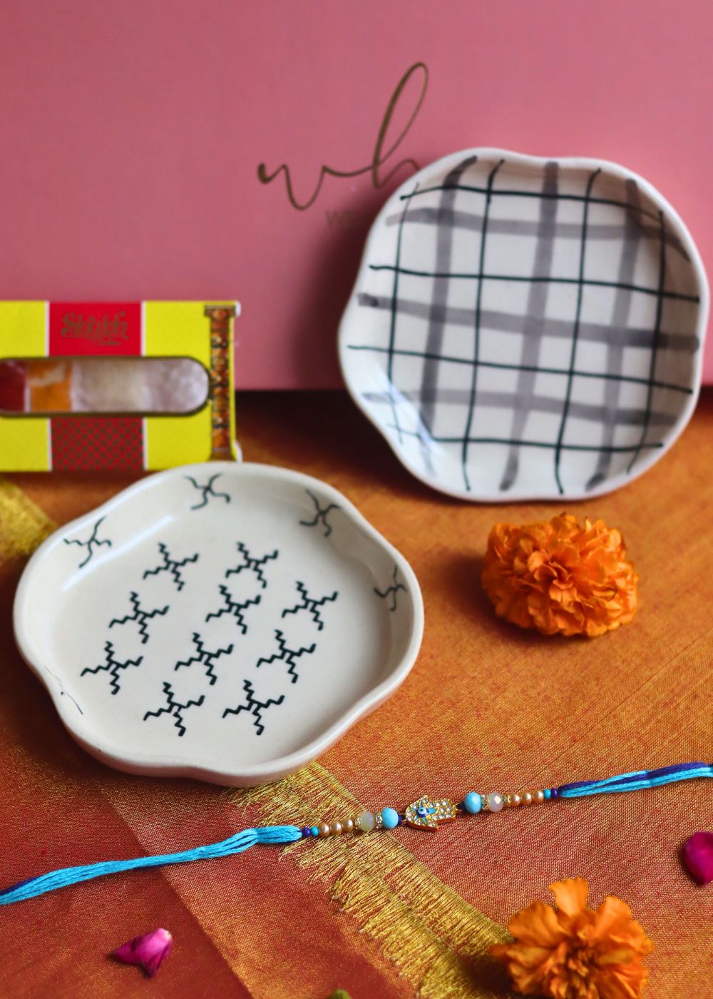 Crosses & Checks Handmade Dessert plate Rakhi Gift box made by ceramic