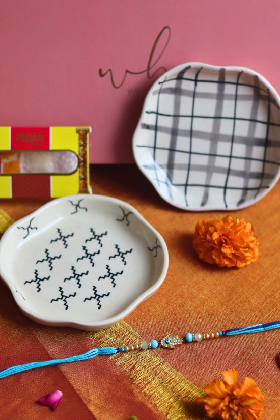 Crosses & Checks Handmade Dessert plate Rakhi Gift box made by ceramic