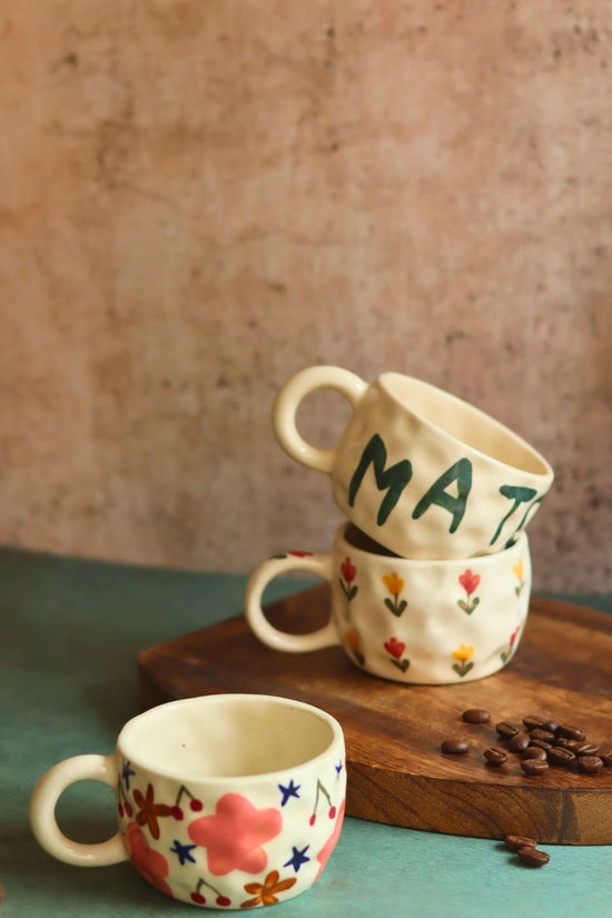 Set of 3 - Floral Matcha mugs handmade in India