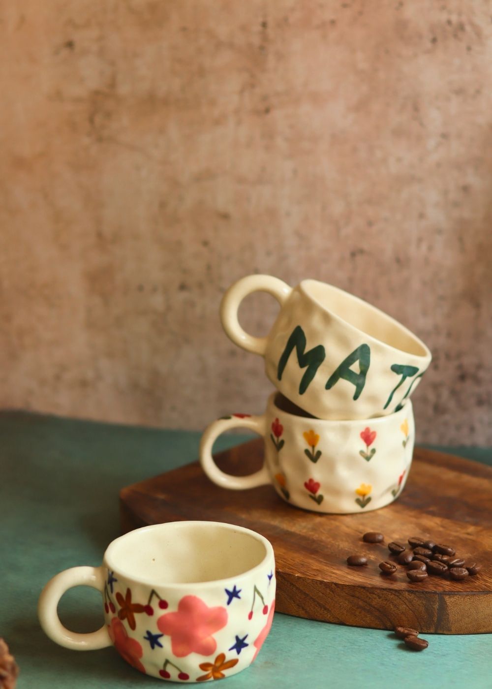 Set of 3 - Floral Matcha mugs handmade in India