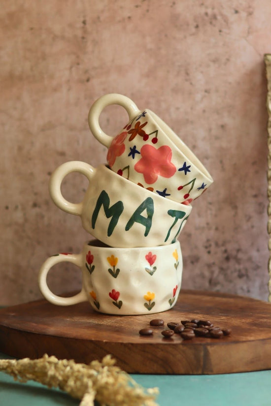 handmade Set of 3 - Floral Matcha mugs