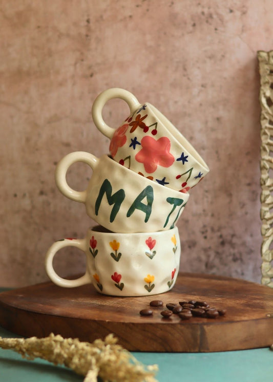 handmade Set of 3 - Floral Matcha mugs