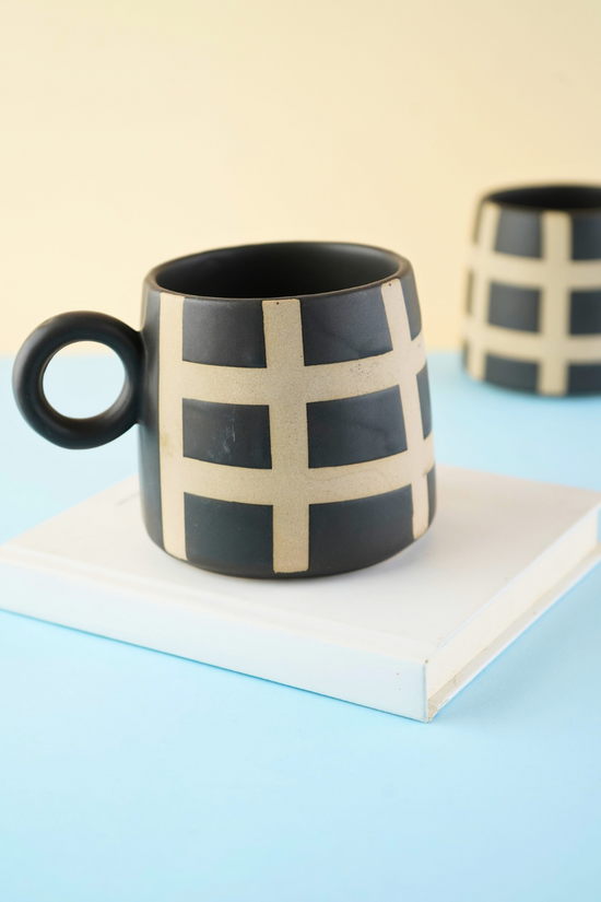 black checkered mug handmade in india 
