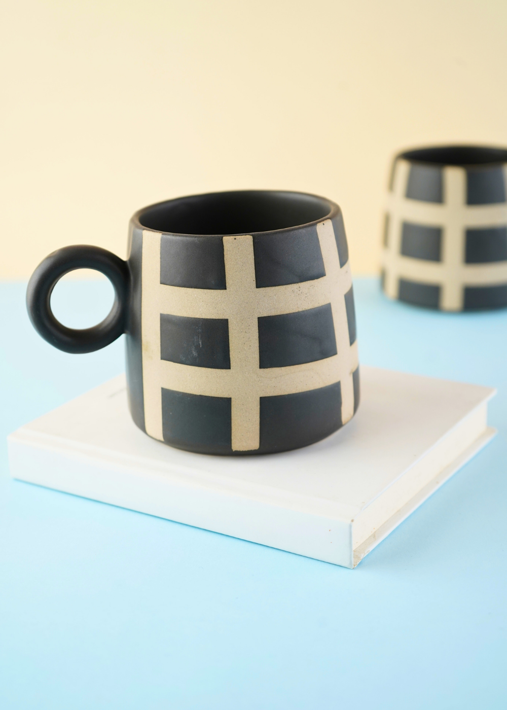 black checkered mug handmade in india 