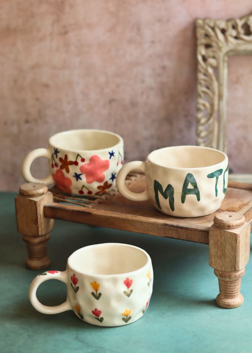 Set of 3 - Floral Matcha mugs made by ceramic