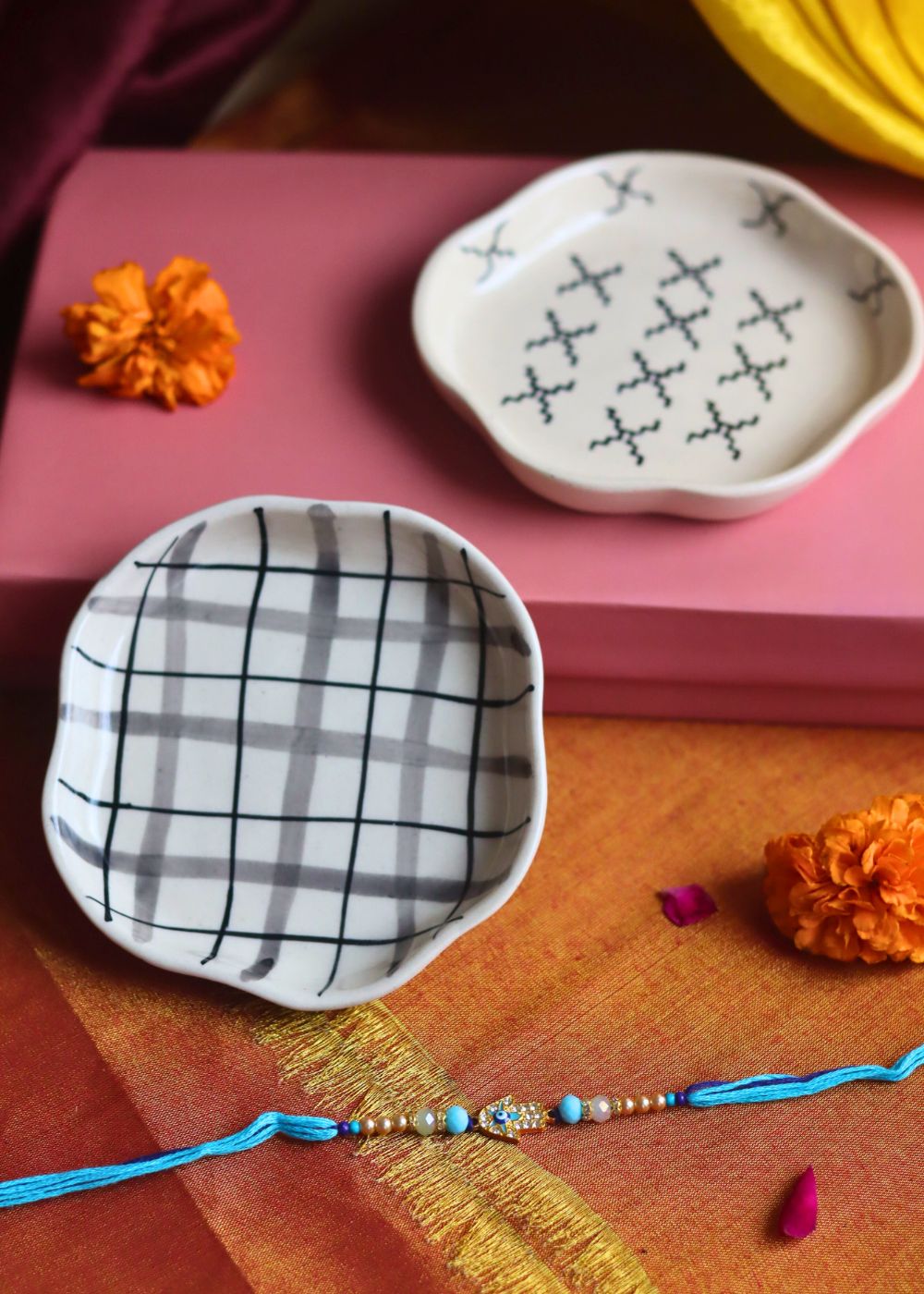 Crosses & Checks Handmade Dessert plate Rakhi Gift box handmade in India