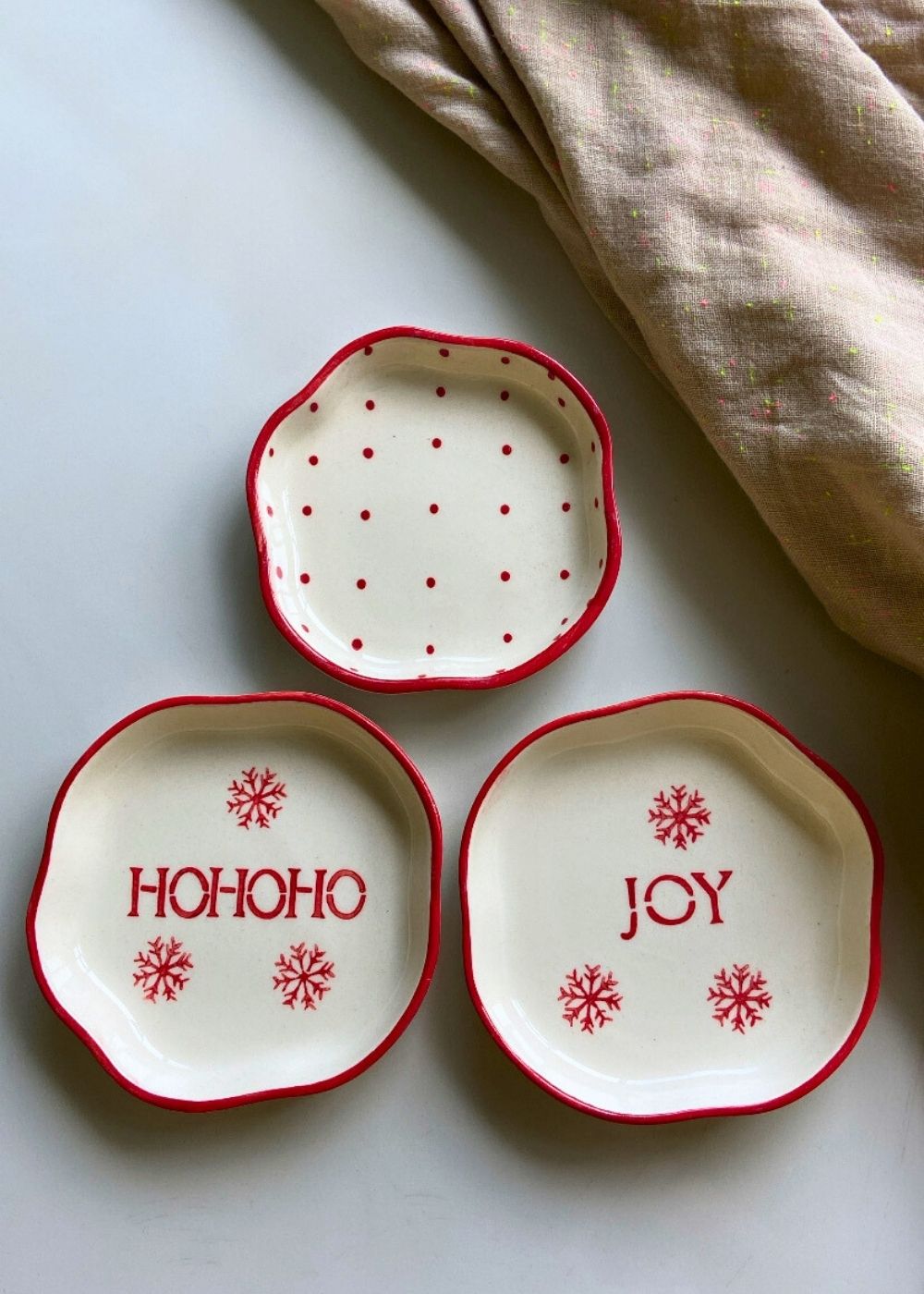 Joy, HOHOHO & Red Polka Handmade Dessert Plates made by ceramic