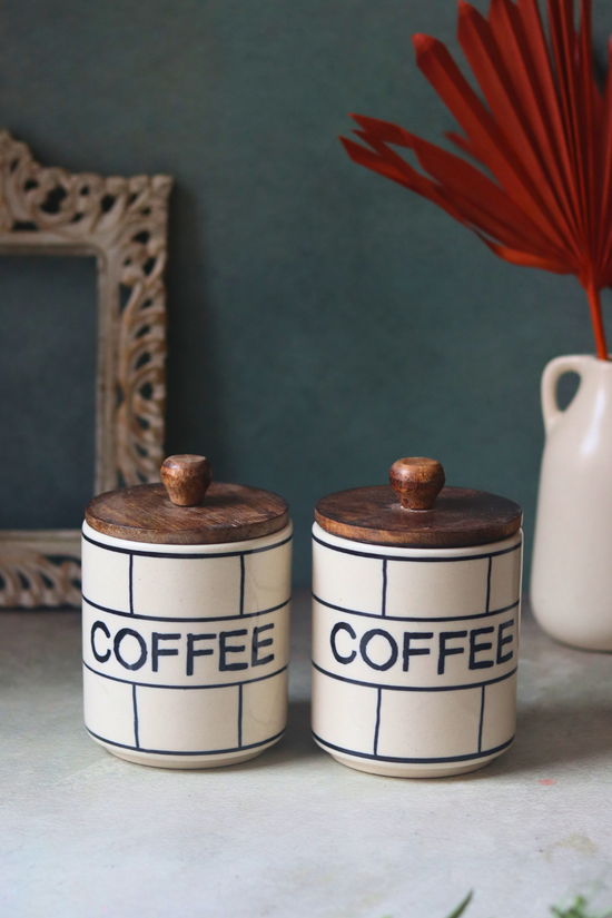 Two chequered coffee jars handmade ceramic