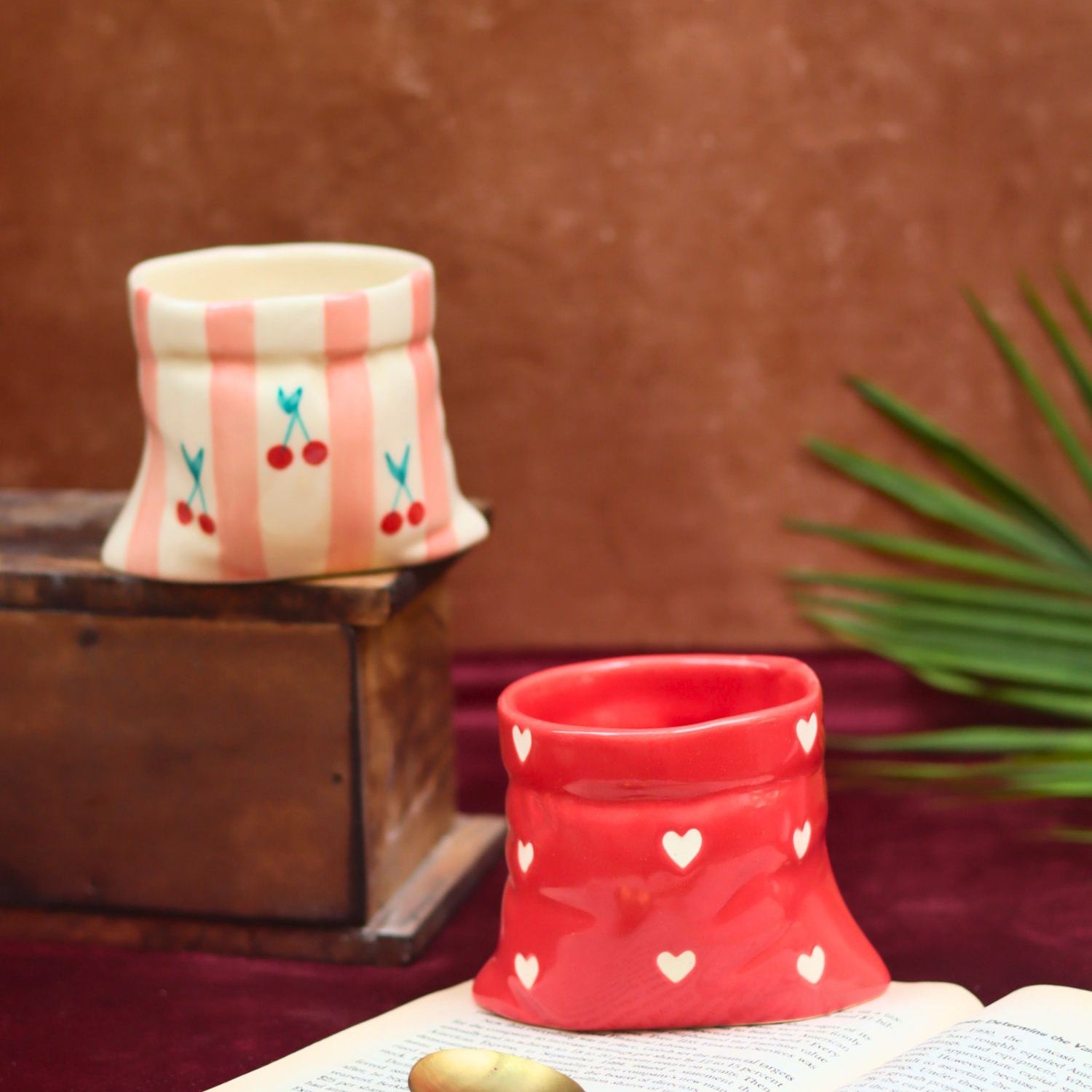 Handmade Set of 2 - Red Heart Pouch & Pink Striped Pouch Mugs Combo