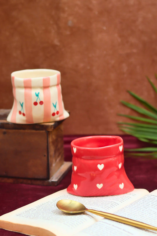 Handmade Set of 2 - Red Heart Pouch & Pink Striped Pouch Mugs Combo