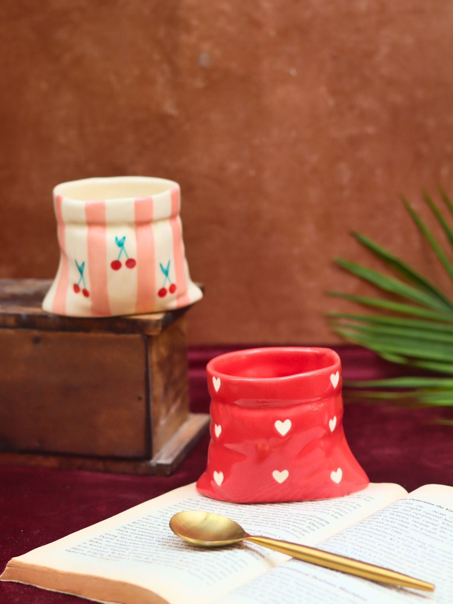 Handmade Set of 2 - Red Heart Pouch & Pink Striped Pouch Mugs Combo