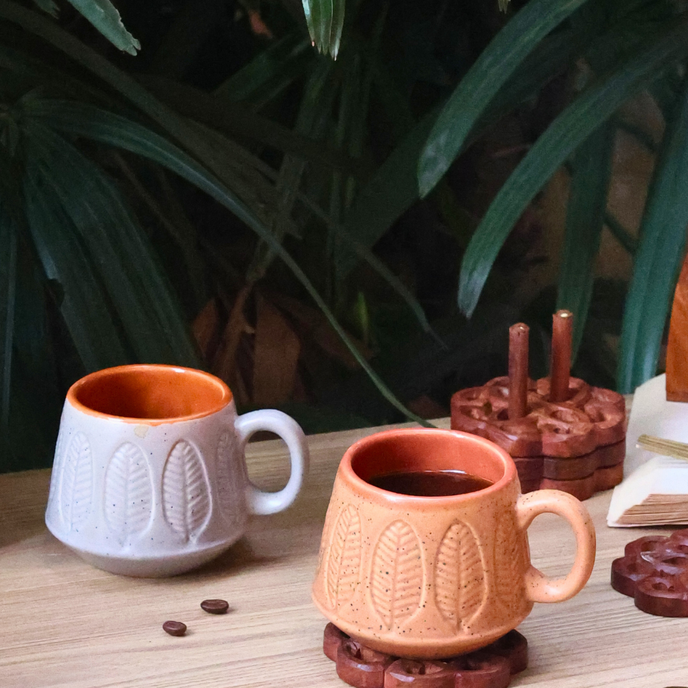 handmade brown & grey serene leaf coffee mug set of two combo