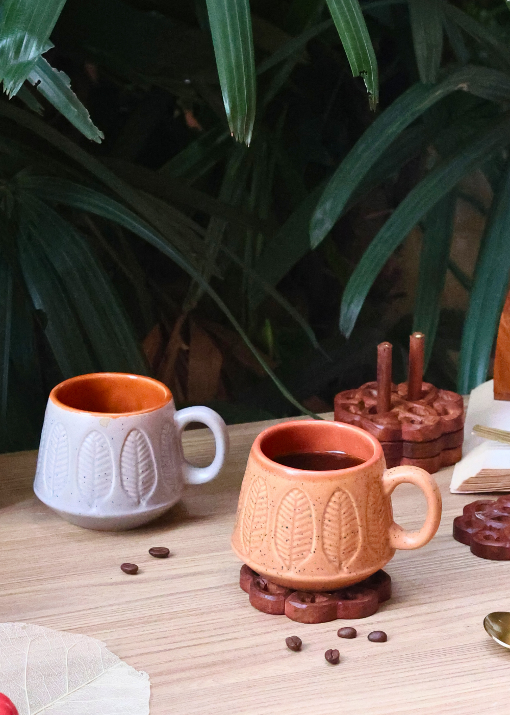 handmade brown & grey serene leaf coffee mug set of two combo